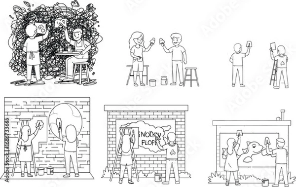 Fototapeta Community mural art project, people painting walls together, creative teamwork, street artists collaboration, public wall painting activity, artistic expression outdoors.