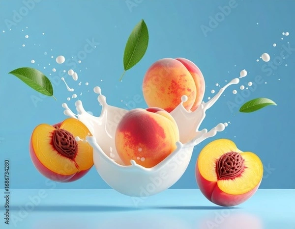 Obraz Peach with milk splash on blue background