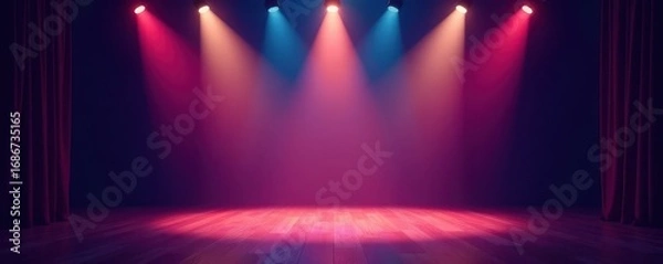 Fototapeta Empty stage, three spotlights illuminate center, minimalist, bright light, beam