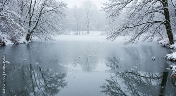 Fototapeta Tranquil Winter Landscape with Snow-Covered Trees and Frozen Pond