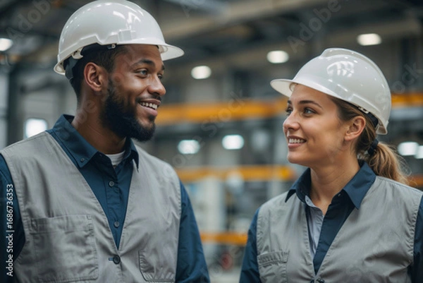 Obraz Two engineers wearing safety gear and smiling at the camera. The man is wearing a black shirt and the woman is wearing a gray shirt