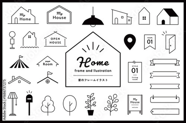 Obraz 家のフレームとイラストのセット　住宅　住まい　暮らし　ライフスタイル　リボン　飾り　装飾