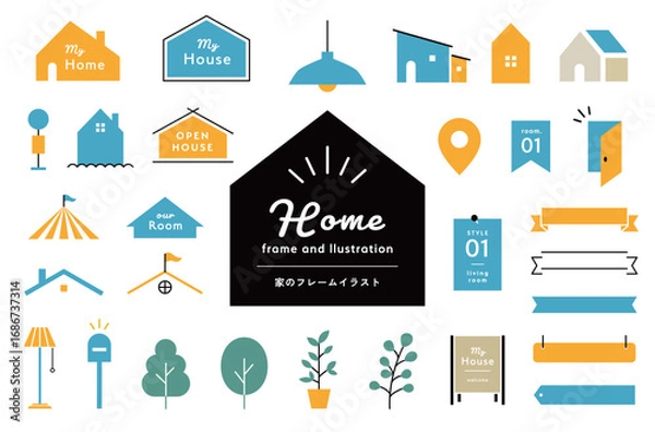 Obraz 家のフレームとイラストのセット　住宅　住まい　暮らし　ライフスタイル　リボン　飾り　装飾