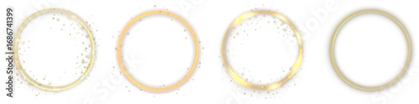 Fototapeta Golden sparkle ring. Vector shining circle frame with glitter dust, glowing halo aura and bright light particles. Luxury gold glowing border isolated on transparent background for design use.