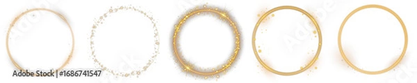 Obraz Golden sparkle ring. Vector shining circle frame with glitter dust, glowing halo aura and bright light particles. Luxury gold glowing border isolated on transparent background for design use.