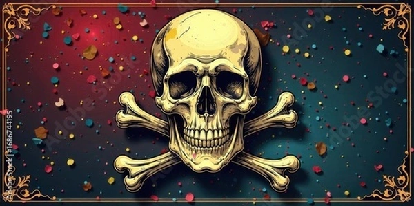 Fototapeta Intricate line art skull & crossbones, vintage style, dark, isolated