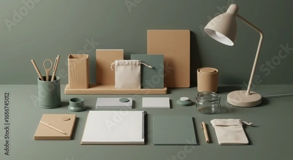 Fototapeta Aesthetic Workspace Setup with Stationery and Desk Accessories