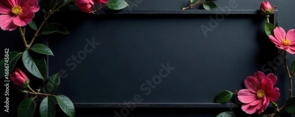 Fototapeta Subtle black frame on black canvas, geometric shape , stylish, line