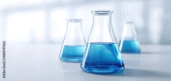 Fototapeta The laboratory glass flasks filled with vibrant blue liquid on display.