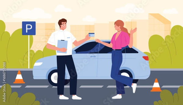 Fototapeta Happy woman receiving driver license to drive car. Instructor giving ID card and permit document to proud student, achievement of auto school exam and driver certification cartoon vector illustration