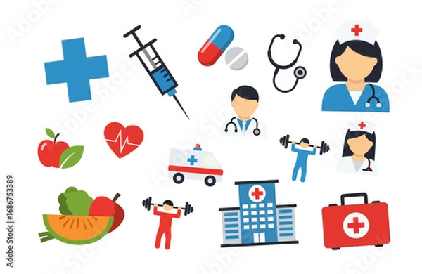 Fototapeta A comprehensive set of colorful flat icons representing medicine, healthcare services, and a healthy lifestyle