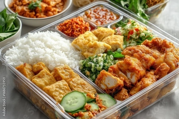 Obraz Rice Meal with Tofu and Sambal in Box
