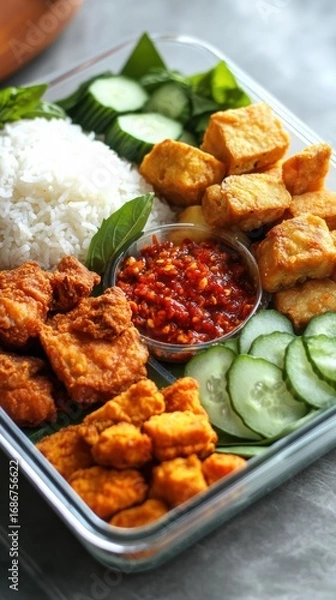 Obraz Rice with Fried Chicken and Vegetables Box

