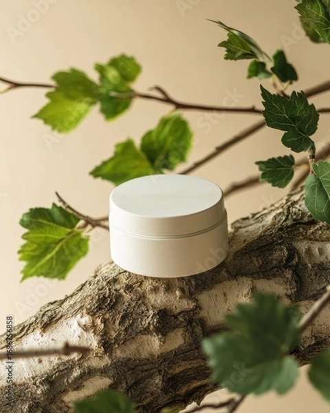Obraz Skincare Jar on Tree Branch with Leaves
