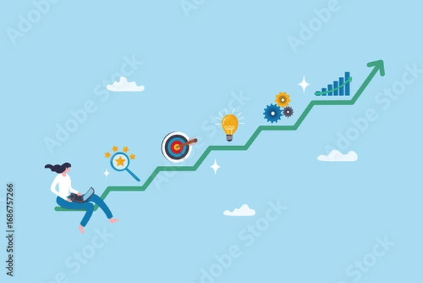 Fototapeta Business growth plan, strategy to develop success, progress achievement diagram, analyze or review, set target, find opportunity and implement, growth strategy with stair step growing chart.