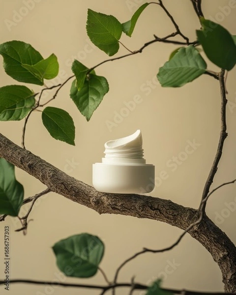 Obraz Skincare Jar on Tree Branch with Leaves
