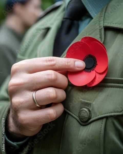 Fototapeta Close up of a red poppy flower on a green military uniform for remembrance