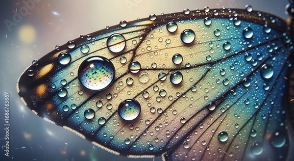 Fototapeta Iridescent butterfly wing adorned with shimmering water droplets capturing a magical moment in nature