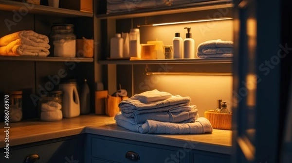 Obraz Laundry Room Storage with Towels and Supplies
