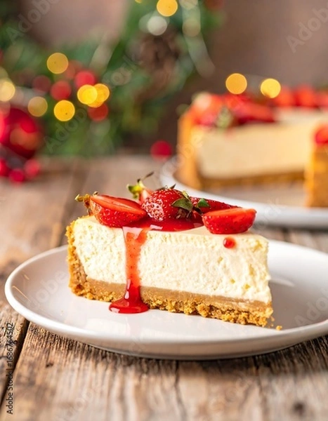 Obraz Festive cheesecake slice with strawberries