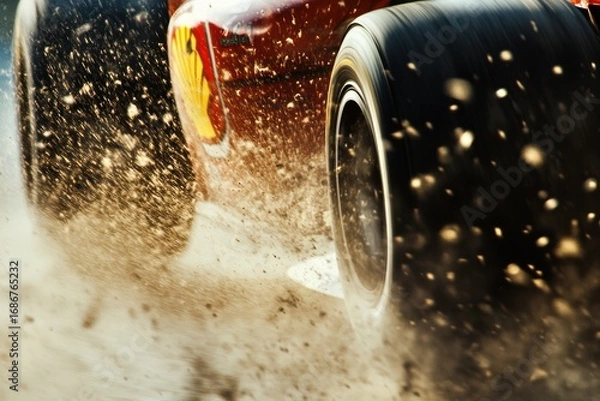 Obraz Supercar Accelerating on Dirt Track at Sunset
