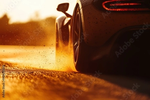 Obraz Supercar Accelerating on Dirt Track at Sunset
