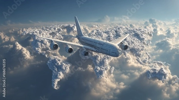 Fototapeta airplane above world cloud map