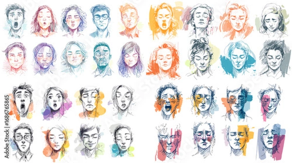Fototapeta Hand-drawn sketch and watercolor portraits of people with emotional expressions, blending line art and splashes of color for artistic and creative projects.