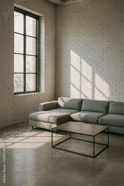 Fototapeta Industrial minimalist living room with gray sofa, white brick wall, and large window light.