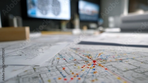 Fototapeta Focused glimpse of coordination clash points marked in BIM software with blurred 3D model and design documents behind.