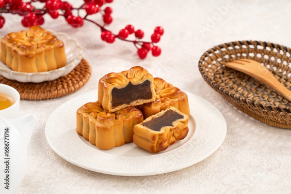 Obraz Delicious Cantonese moon cake for Mid-Autumn Festival food mooncake with bean paste.