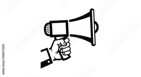 Obraz Hand holding a megaphone, announcing important news with a clear, bold statement.