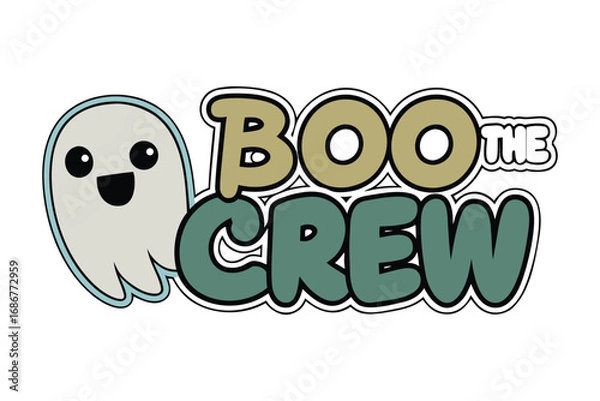 Fototapeta Cartoon Halloween Ghost with Boo The Crew Text in Green and Beige on White Background