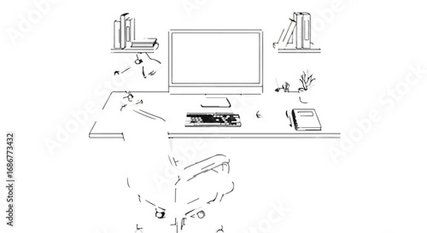 Obraz Clean workspace with computer and office supplies, ready for productivity.