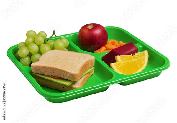 Fototapeta A vibrant, healthy school lunch featuring a sandwich, fresh grapes, apple, carrots, and orange slices, served on a green compartmentalized tray isolated on a transparent background
