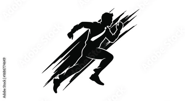 Obraz Dynamic silhouette of a man in business attire sprinting forward with speed lines.