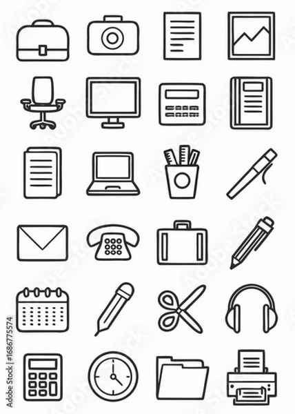 Obraz Line icons of office and business: computer, chair, phone, printer, calculator, folder, pen, and calendar.