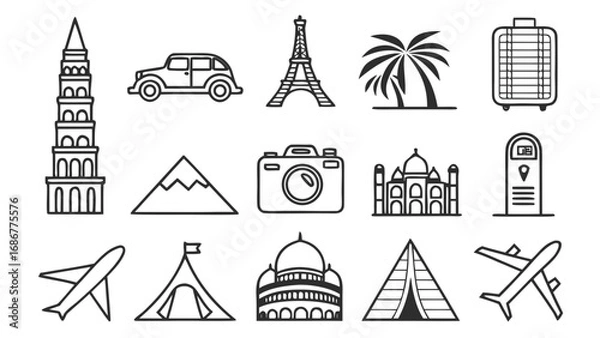 Obraz Travel and tourism outline icons set with airplane, landmarks, luggage, palm tree, camera and adventure symbols."