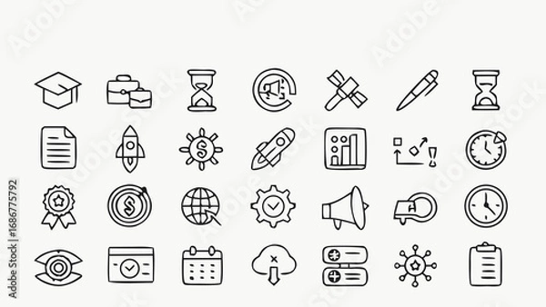 Obraz Business and education outline icons set with graduation cap, rocket, clock, calendar, chart, gear, documents and workflow symbols."