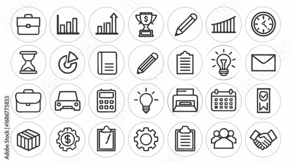 Obraz Business and office outline icon set with briefcase, graph, trophy, pencil, calendar, gear, light bulb, handshake, and mail symbols."