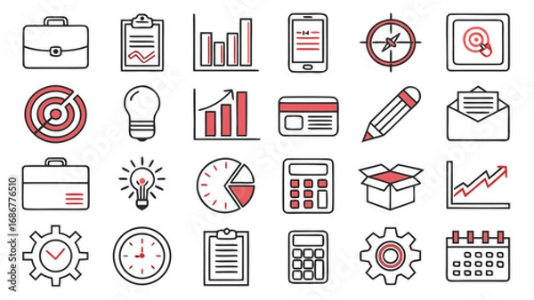 Obraz Business and office icons set featuring charts, graphs, calculator, calendar, briefcase, light bulb, gears, and documents. Perfect for finance, corporate strategy, marketing,