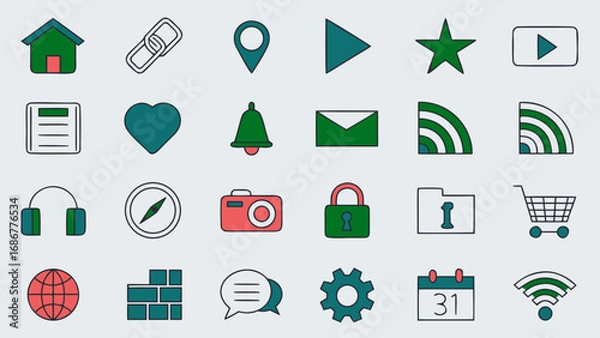 Obraz Modern outline icons for web and user interface including home, play, star, heart, bell, email, wifi, shopping cart, settings, and calendar.