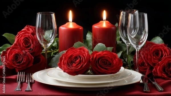 Fototapeta Romantic Dinner Setting with Red Roses and Candles on an Elegant Table