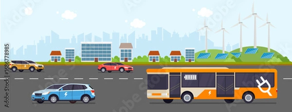 Fototapeta City road scene with electric cars and bus powered by renewable energy, solar panels, and wind turbines, symbolizing clean transport, zero emissions, and sustainable urban living.
