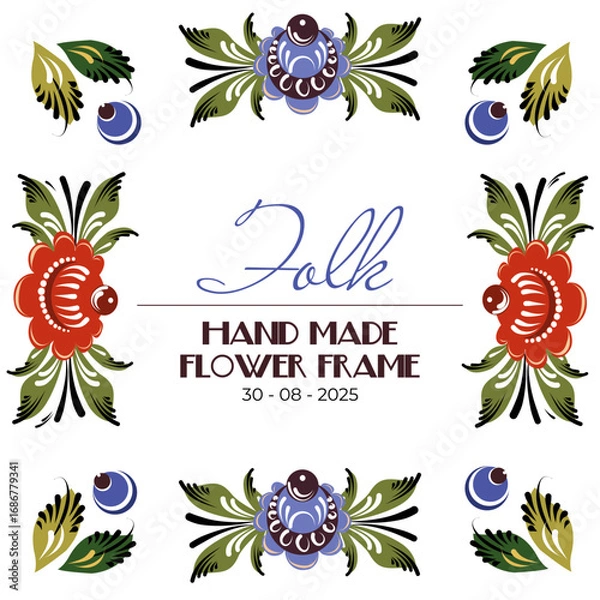 Fototapeta Vector square frame for text and notes. Compositions from elements of Gorodets painting, flowers and berries. Folk art illustration for wedding decoration