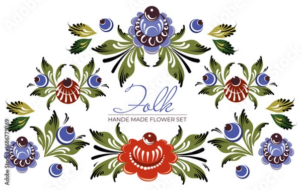 Fototapeta Vector set of flower and berries. Compositions from elements of Gorodets painting, flowers and berries. Folk art illustration for decoration