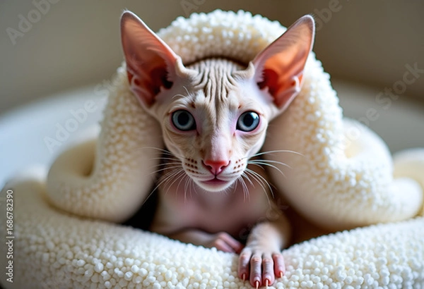 Obraz Cornish Rex cat wrapped in a soft terry towel