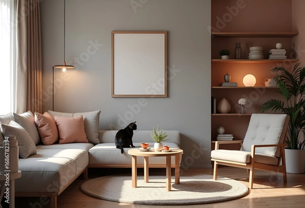 Obraz Cozy aesthetic living room, in warm and gray tones, minimalism, cat in the interior