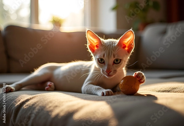Obraz Cornish Rex cat,  playing with a ball on the couch, warm light from the window