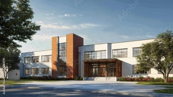 Obraz Modern american school building exterior architecture with red brick walls, large glass windows, and landscaped entrance showcasing education campus design and academic learning environment